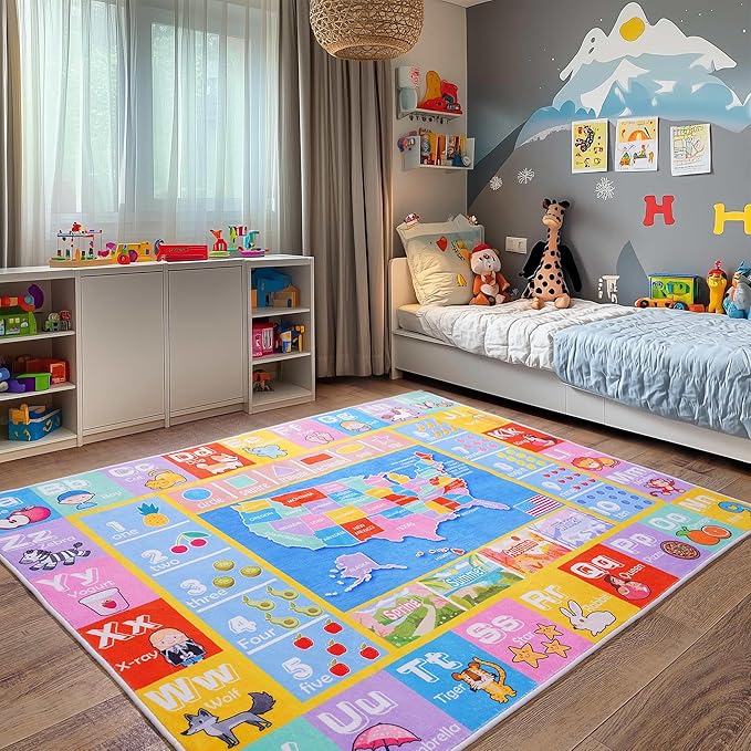Kids Rugs for Playroom - Soft & Non-Slip 5x7 Feet Educational Rug for Learning ABC Alphabet, Numbers, Shapes & Map, Washable Classroom Rug for Toddler Nursery & Kids Room Decor
