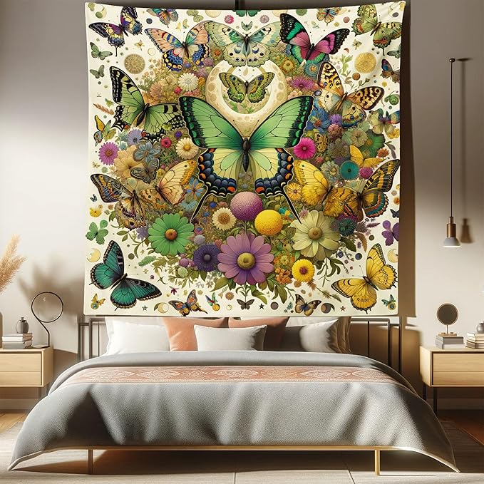 Ambesonne Boho Tapestry Queen Size, Dancing Moth and Butterfly with Colorful Leafy Jumble Flowers Witchcore, Wall Hanging Bedspread Bed Cover Wall Decor, 88" X 88", Fern Green Lilac Orange