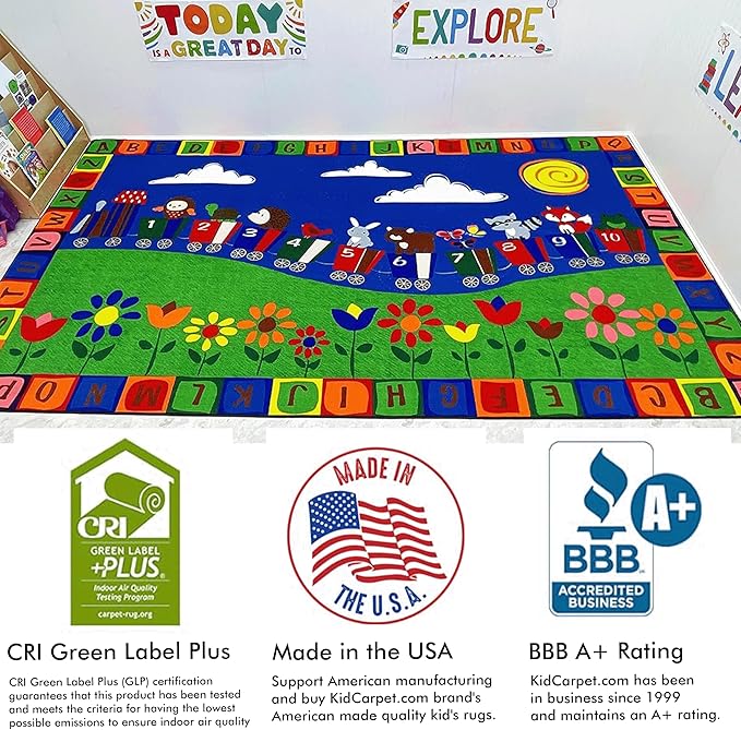 KIDCARPET.COM On The Train Rectangle Classroom Rug | Bordered Area Rug for Preschool Daycare Learning, 7'6" x 12'