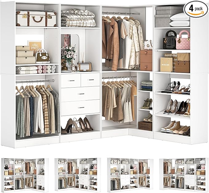 Unikito 110” Closet System with Drawers, 9.3FT Corner Closet Organizer with 4 Hanging Rods, Reversible Large Wood L Shaped Walk in Closets Wardrobe with Shoe Shelves, Max Load 3000LBS, Set of 4, White