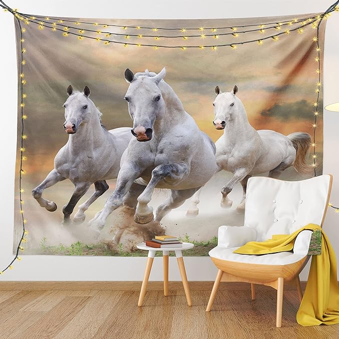 Ambesonne Horses Tapestry Twin Size, Stallion Horses Running on a Sky Background Male Champions Print, Wall Hanging Bedspread Bed Cover Wall Decor, Twin Size, White Orange