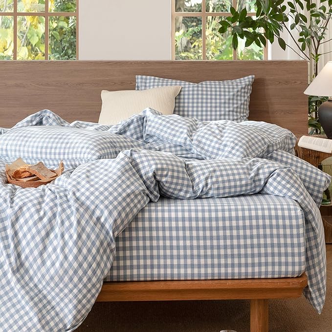 MooMee Gingham Duvet Cover Set 100% Washed Cotton Linen Like Textured Breathable Durable Soft Comfy Modern Checkered Design (Classic Gingham Cornflower Blue, King 104"x90")