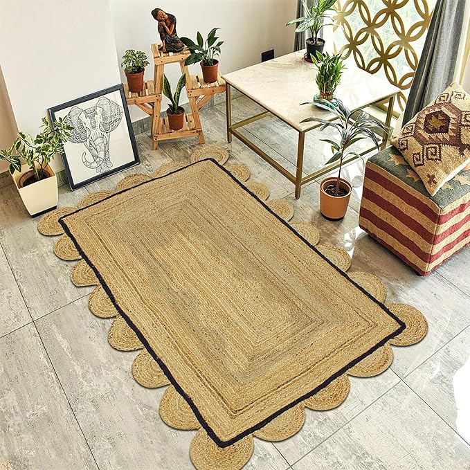 Scalloped Jute Rug, Hand Woven Runner Area Rug, 4x15 Ft Beige & Black Braided Natural Sisal Kilim Rugs for Living Room, Kitchen, Entryway, Farmhouse