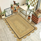 Scalloped Edge Rug, Hand Woven Natural Jute Area Rug, 10x10 Ft Square Beige & Black Braided Kilim Rugs for Living Room, Kitchen, Entryway, Farmhouse