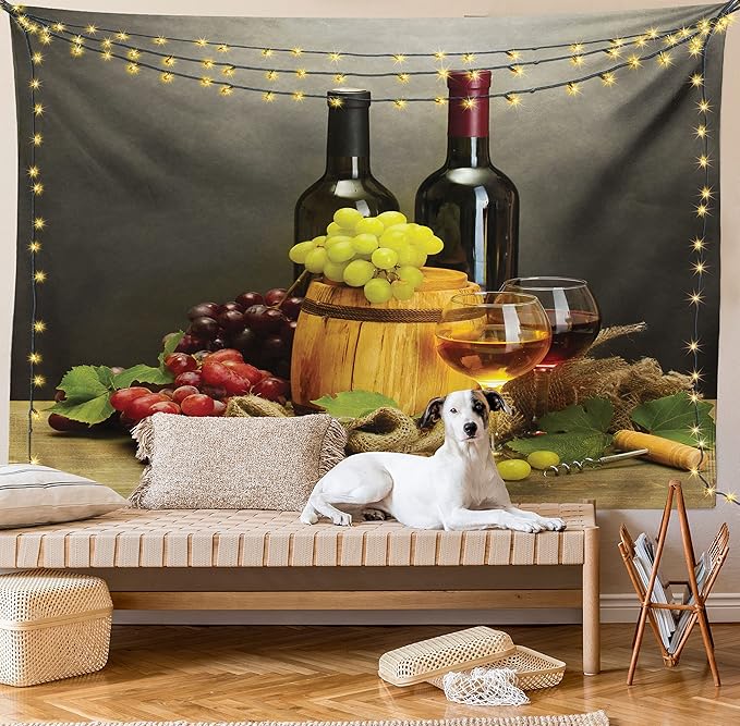 Ambesonne Winery Tapestry Queen Size, Cask Bottles and Glasses of Wine and Ripe Grapes on Wooden Table Picture Print, Wall Hanging Bedspread Bed Cover Wall Decor, 88" X 88", Grey Taupe