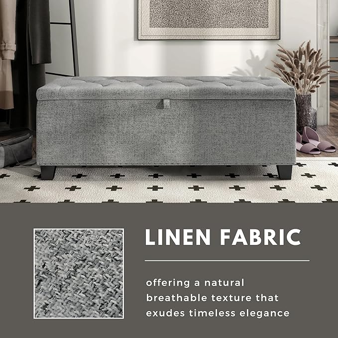 24/7 Shop at Home Sacallant Modern Linen Storage Bench with Button-Tufted Lift-Top, Upholstered Footstool, Rectangular Ottoman for Living Room, Bedroom, Entryway, Light Brown