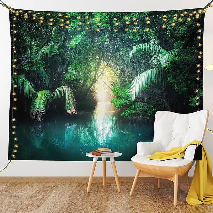 Ambesonne Jungle Tapestry, Tropical Lake Mangrove Rainforest Pathway Through Sri Lanka Travel Destination, Fabric Wall Hanging Decor for Bedroom Living Room Dorm, 23" X 28", Green Teal