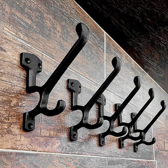 Ambipolar 5 Pack Decorative Cast Iron Heavy Duty Double Hooks, Wall Mounted Coat Hooks, Vintage Inspired (Antique Black) (Type-7 Type)