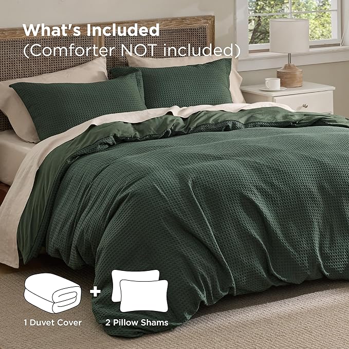 Bedsure Luxury Waffle Duvet Cover King Size - Textured Duvet Cover Set, Soft, Breathable Bedding Set (104"x90") with 2 Pillow Shams for All Season, Forest Green, Comforter Not Included