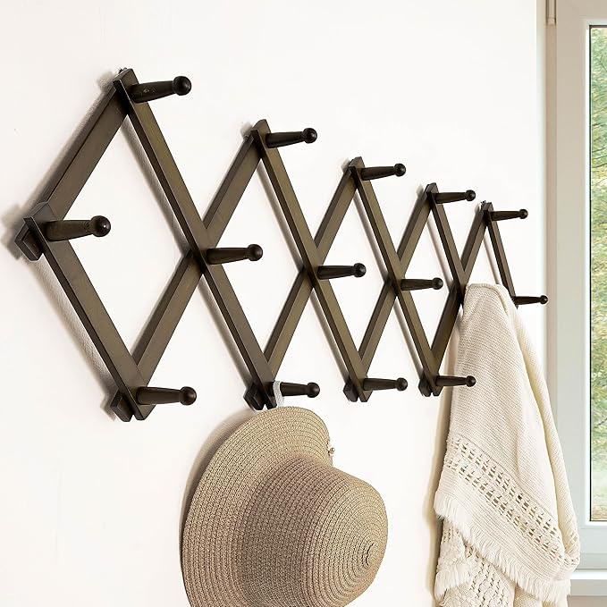 Dseap Accordion Wall Hanger:16'' High Wooden Wall Expandable Coat Rack,Hat Rack Holder,Accordion Hook for Baseball Caps,Coats,16 Peg Hooks,Dark Walnut