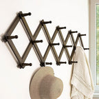 Dseap Accordion Wall Hanger:16'' High Wooden Wall Expandable Coat Rack,Hat Rack Holder,Accordion Hook for Baseball Caps,Coats,16 Peg Hooks,Dark Walnut