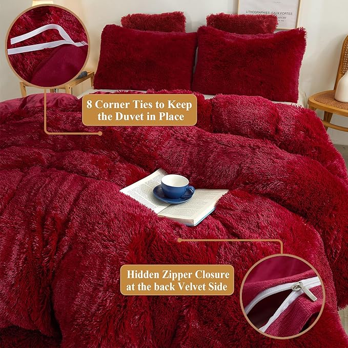XeGe Plush Shaggy Duvet Cover Set, Luxury Soft Crystal Velvet Fluffy Furry Bedding Sets 2 Pieces(1 Faux Fur Fuzzy Comforter Cover + 1 Faux Fur Throw Pillow Sham), Zipper Closure (Twin, Red)