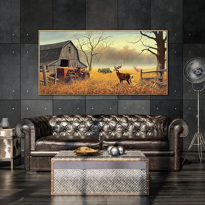 XLSJERST Large Deer Wall Art for Living Room Canvas Prints Decor Decoration Country Tractor Rustic Wildlife Cabin Hunting Picture Glass Surface Artwork Ready to Hang for Bedroom Home Office 24x48