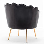 Velvet Barrel Accent Chair with Scalloped Silhouette and Gold Metal Legs, Decorative Piece Suitable for Traditional, Modern, and Contemporary Spaces, Black