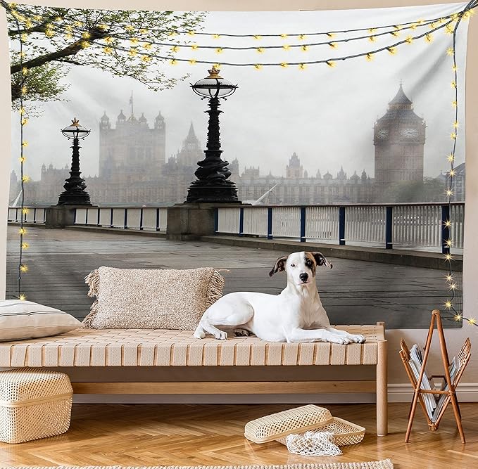 Ambesonne London Tapestry, Big Ben View from the Street Palace of Westminster Touristic Britain, Fabric Wall Hanging Decor for Bedroom Living Room Dorm, 23" X 28", Off White Brown