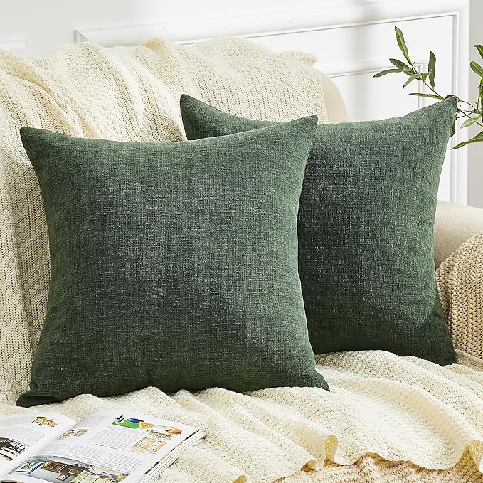 GAWAMAY Decorative Square 16"x16" Inch Throw Pillow Covers Set of 2, Super Soft Chenille Pillows Farmhouse Pillowcase for Living Room Bedroom Sofa Couch Cushion Cover Dark Green 40x40cm (No Insert)