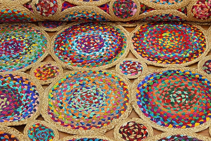 Scalloped Edge Rug, Natural Chindi Cotton and Jute Area Rug, 9x9 Ft Square Beige & Multicolor Hand Woven Kilim Rugs for Living Room, Kitchen, Entryway, Farmhouse