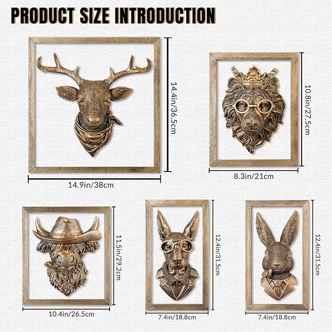 Zotabe 5PCs Animal Heads Wall Decor, Animal Sculptures Wall Dec, Moose Head Wall Mount, Vintage Wall Sculpture, Resin Wall Hanging Decoration for Living Room Bedroom Kitchen Gift (5PS, 1)