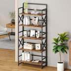 No Assembly Folding Bookshelf, 5 Tiers Vintage Wood Collapsible Book Shelf for Storage,Industrial Metal Foldable Bookcase Organizer for Living Room Bedroom Home Office (Rustic Brown)
