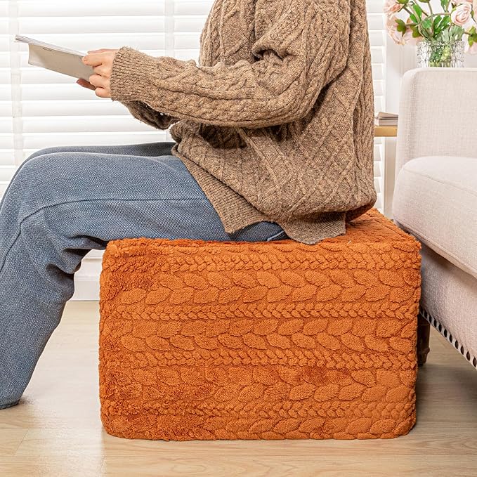 20x20x14 Inches Fluffy Square Pouf Ottoman - Plush Furry Ottoman Foot Rest Stool with High-Density Foam, Versatile Floor Seating for Living Room (Burnt Orange)