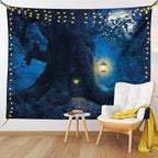 Ambesonne Forest Tapestry, Night with Home in Trunk of Enchanted Tree, Fabric Wall Hanging Decor for Bedroom Living Room Dorm, 23" X 28", Dark Night Blue Mustard