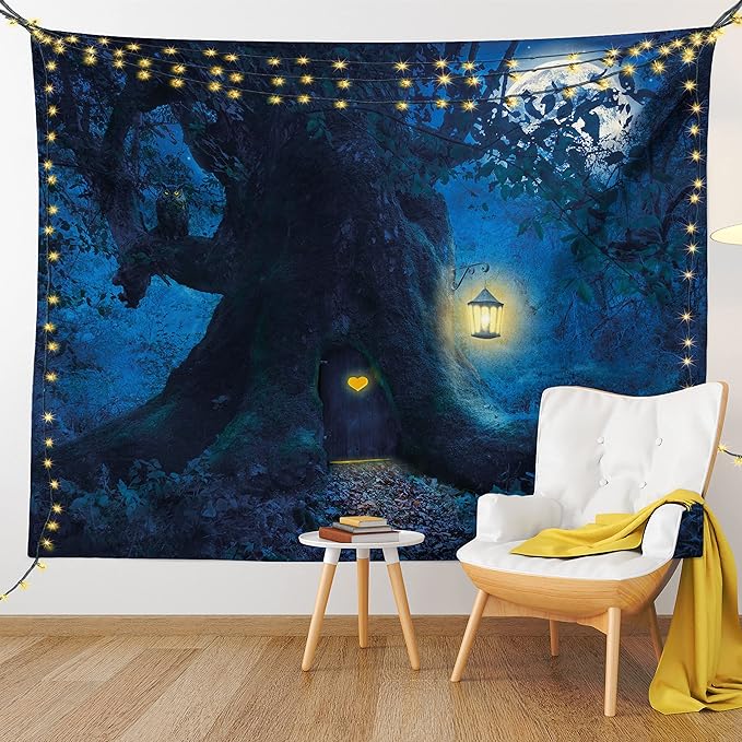 Ambesonne Forest Tapestry, Night with Home in Trunk of Enchanted Tree, Fabric Wall Hanging Decor for Bedroom Living Room Dorm, 30" X 45", Dark Night Blue Mustard