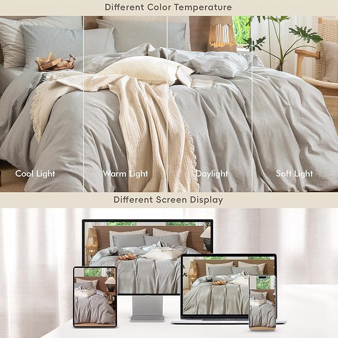 MooMee Striped Duvet Cover Set 100% Washed Cotton Linen Like Textured Breathable Durable Soft Comfy (Dark Grey White Pinstripes, Queen 90"x90")