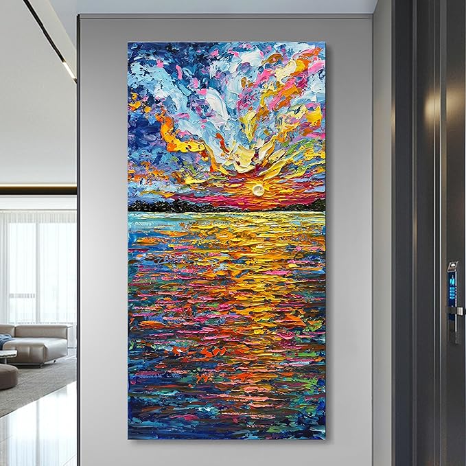 Art Hand-Painted Sea Sunrise Landscape Painting Modern Abstract Oil Painting Large Canvas Art Living Room Bedroom Corridor Wall Decoration Painting 48x24 inches