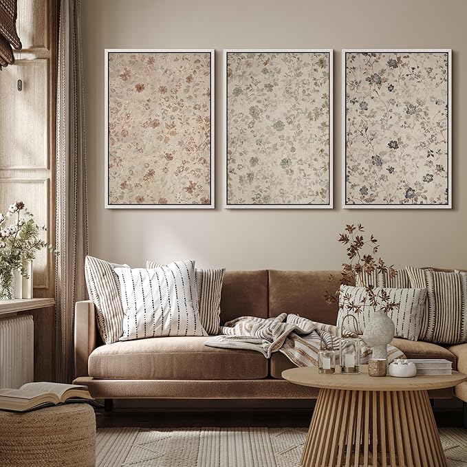 MUDECOR Framed Wall Art Print Set Vintage Floral Botanical in Neutral Tones Illustrations Realism Decorative for Living Room, Bedroom, Office - 24"x36"x3 White
