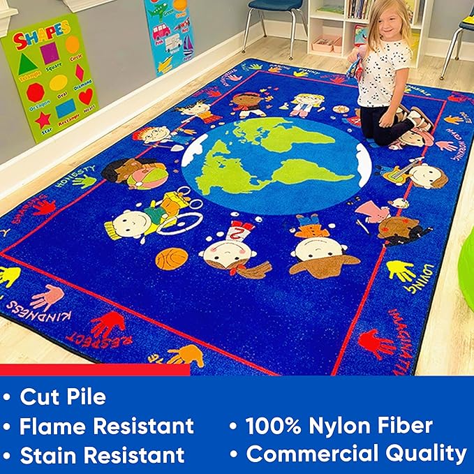 KIDCARPET.COM World Character Rectangle Classroom Rug | Bordered Area Rug for Preschool Daycare Learning, 4' x 6'
