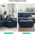 LINSY HOME Sectional Sleeper Sofa Storage Ottoman Bench, Convertible Coffee Table Plush Corduroy Couch Ottoman Footstool for Living Room, Bedroom Entryway and Family Room, Blue