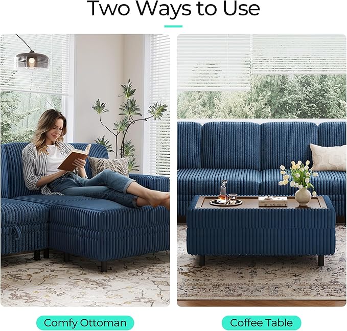 LINSY HOME Sectional Sleeper Sofa Storage Ottoman Bench, Convertible Coffee Table Plush Corduroy Couch Ottoman Footstool for Living Room, Bedroom Entryway and Family Room, Blue