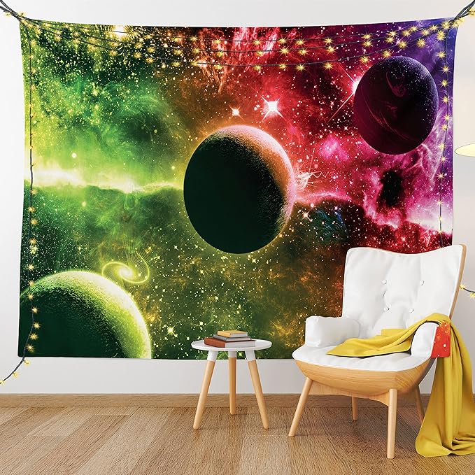 Ambesonne Psychedelic Tapestry, Space Universe Cosmos Galaxy Nebula Stars and Planets in Trippy Tones Image, Fabric Wall Hanging Decor for Bedroom Living Room Dorm, 45" X 30", Magenta Green