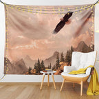 Ambesonne Eagle Tapestry King Size, Nature Photography of Rocky Mountains and Forest a Bird Flying over It, Wall Hanging Bedspread Bed Cover Wall Decor, 104" X 88", Rose Green