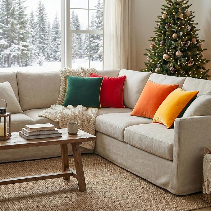 Mecatny Set of 4 Velvet Throw Pillow Covers 20x20, Soft Colorful Accent Decorative Couch Pillow Covers for Sofa Bedroom Living Room, Green/Red