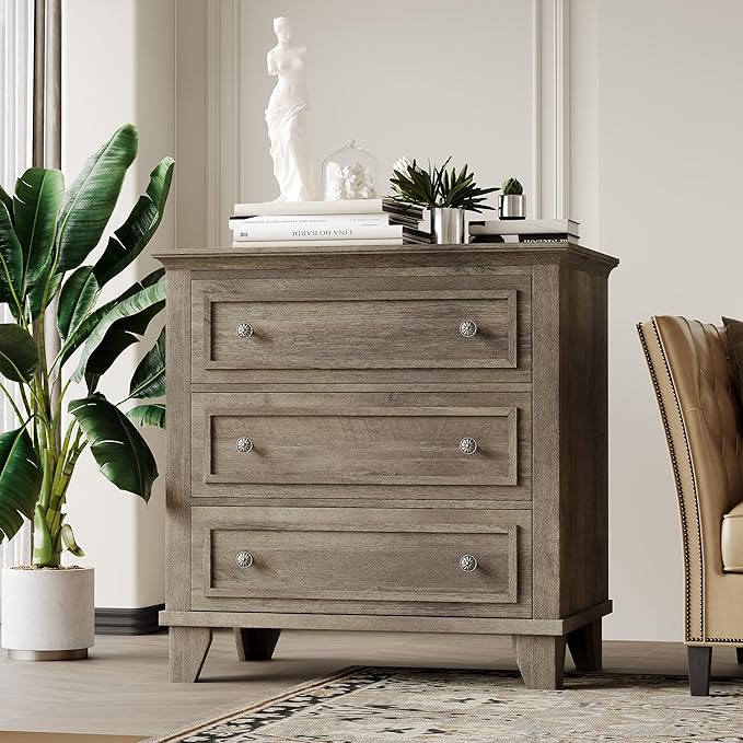 GarveeHome Grey 3 Drawer Dresser for Bedroom, Wide Chest of Drawers with Vintage Handle, Wood Dresser Wide Nightstand for Living Room