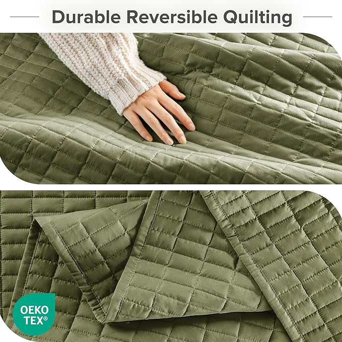 Comfort Spaces King Quilt Set Modern Reversible Plaid Coverlet King Bedding Set Cozy Quilted Winter Layer, All Season Lightweight Soft King Size Quilt, Kienna, Cal King Olive Green 3 Piece
