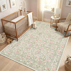 GarveeHome Pink and Green Vintage Floral Washable Rugs 5x7 for Living Room Boho Retro Botanical Rug Low Pile Stain Resistance Non Slip Carpet for Bedroom Nursery Dining Room