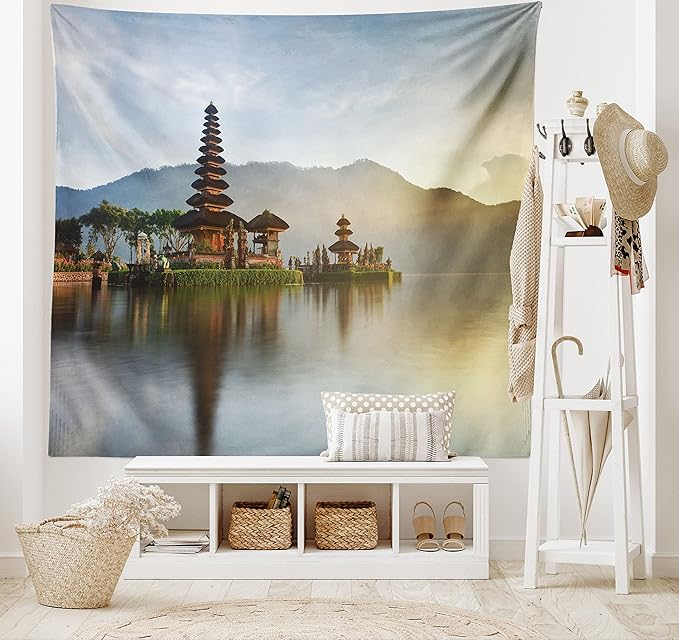 Ambesonne Balinese Tapestry King Size, Pura Ulun Danu Building Panorama Sunrise on Lake Bratan Bali Indonesia Waterscape, Wall Hanging Bedspread Bed Cover Wall Decor, 104" X 88", Beige Brown