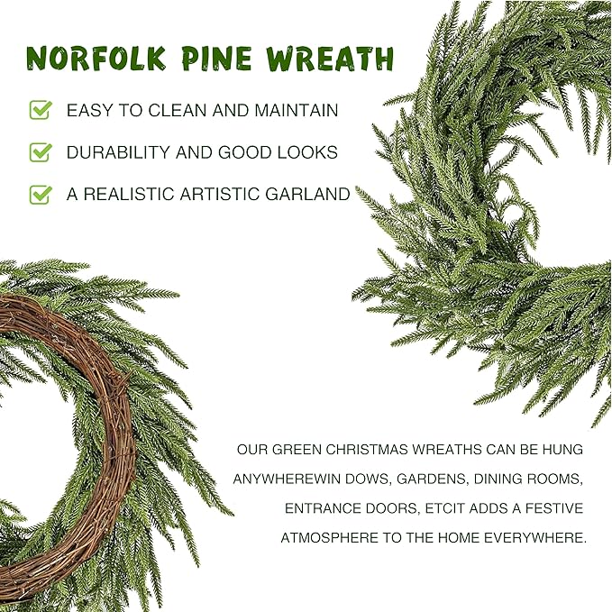 25" Norfolk Pine Christmas Wreath for Front Door,Realistic Artificial Christmas Wreath,Used for Wall Window Porch Farmhouse Indoor and Outdoor Christmas Decoration Home Decoration