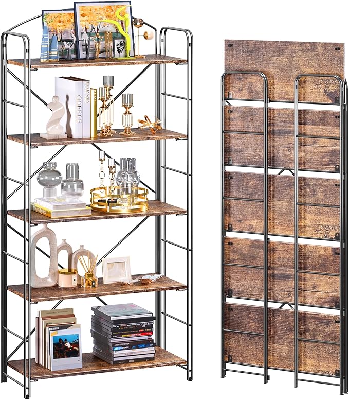 UDD Folding Bookshelf No Assembly, 54.1"H x 23.7"W, 5 Shelf Foldable Bookcase Industrial Collapsible Bookshelves, Open Storage Book Shelves for Small Spaces Home Office Living Room, Rustic Brown Black