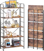 UDD Folding Bookshelf No Assembly, 54.1"H x 23.7"W, 5 Shelf Foldable Bookcase Industrial Collapsible Bookshelves, Open Storage Book Shelves for Small Spaces Home Office Living Room, Rustic Brown Black