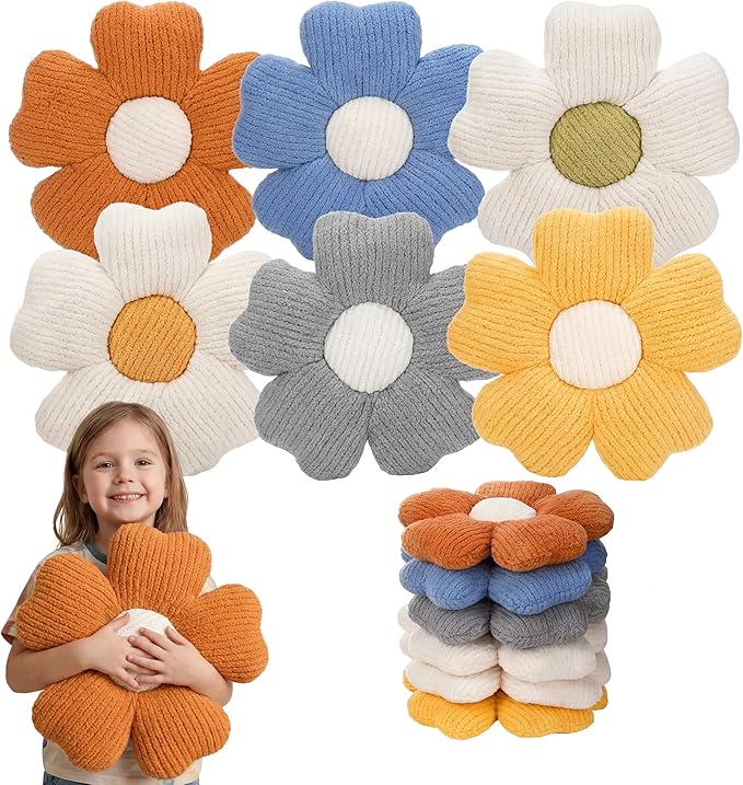 6 Pcs Flower Shaped Pillows Daisy Floor Throw Pillows 15 Inch Flower Seat Cushion for Reading Sofa Couch Bed Decor for Back to School First Day of School(Light Color)