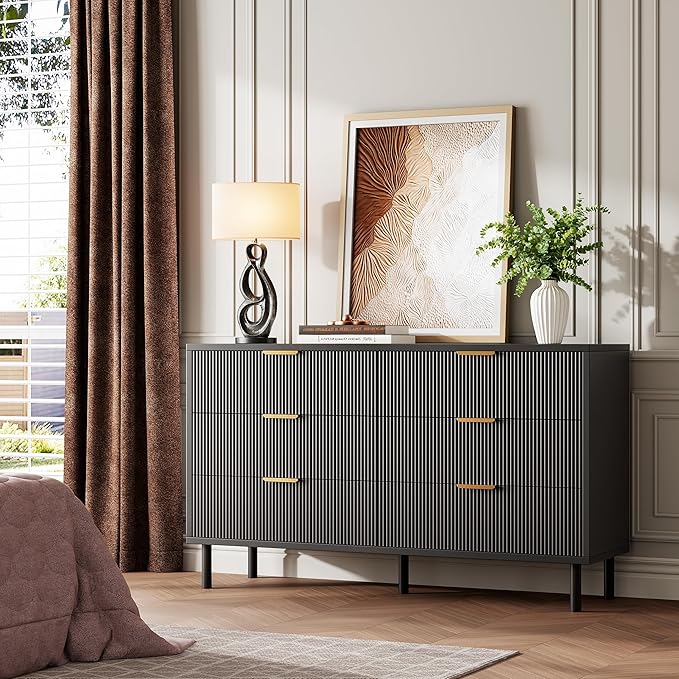 GarveeHome Black Wave Fluted 6 Drawer Dresser, Wide Wood Double Dresser with Metal Legs and Handles, Modern Chest of Drawers with Anti-Tipping Design for Bedroom Living Room Hallway