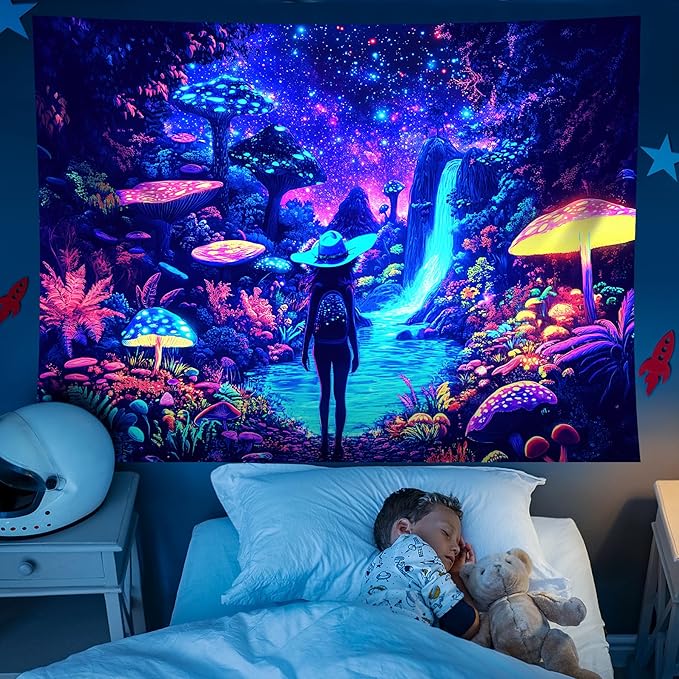 Blacklight Tapestry Girl Adventurer Tapestries Fantasy Forest Mushroom Trippy Starry Sky Cool Wall Hanging Neon Nature Plant Decor for Bedroom 79X59in