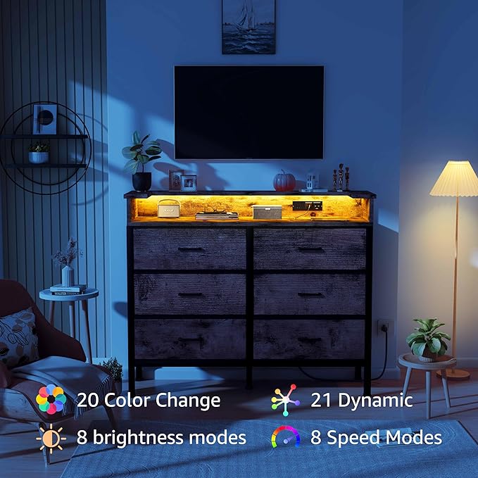BOLUO Brown Dresser with LED Light and Charging Station for Bedroom 6 Drawer Dresser with USB Outlet, Fabric Dressers & Chests of Drawers Modern