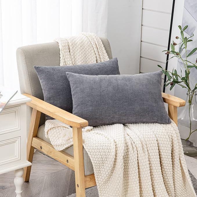 GAWAMAY Lumbar Support Pillow Decorative Rectangle Throw Pillow Covers 12"x20" Inch Set of 2, Soft Chenille Fall Pillowcase for Living Room Bedroom Sofa Couch Cushion Cover Grey 30x50cm (No Insert)