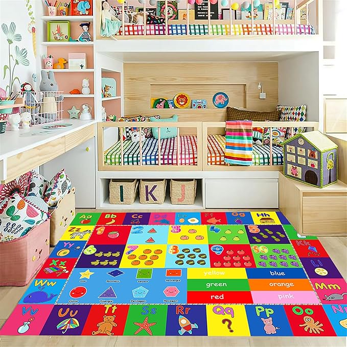 Educational Kids Rug 5x7ft - Alphabet, Numbers & Animals Learning Mat - Non-Slip & Machine Washable Play Carpet for Toddlers, Nursery, Playroom, Preschool Classroom