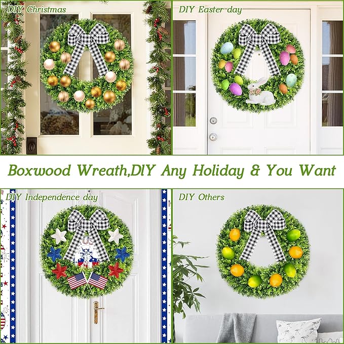 Vlorart 28" Faux Round Boxwood Wreath, Artificial Large Boxwood Wreath Front Door Wreaths Artificial Spring Summer Greenery Hanging with A Plaid Bow for Villa Wall Hanging Window Wedding Party Decor