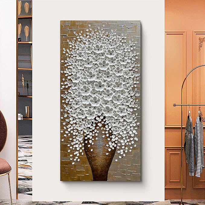 Epicler Hand-Painted 3D Flower Oil Painting with Metal Texture Background, 40x20 inch White Flower Art Painting, Modern Canvas murals, White Flower Art